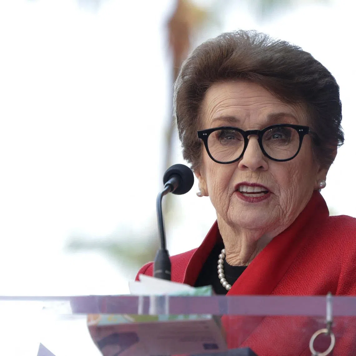 FILE PHOTO: Tennis icon Billie Jean King speaks on the day of her star unveiling ceremony on the Hollywood Walk of Fame in Los Angeles, California, U.S., April 7, 2025. REUTERS/Mario Anzuoni/ File Photo