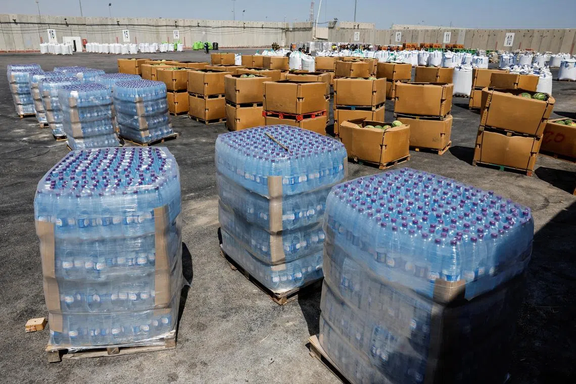 A view shows humanitarian aid destined for the Gaza Strip at the Kerem Shalom crossing on July 10. 