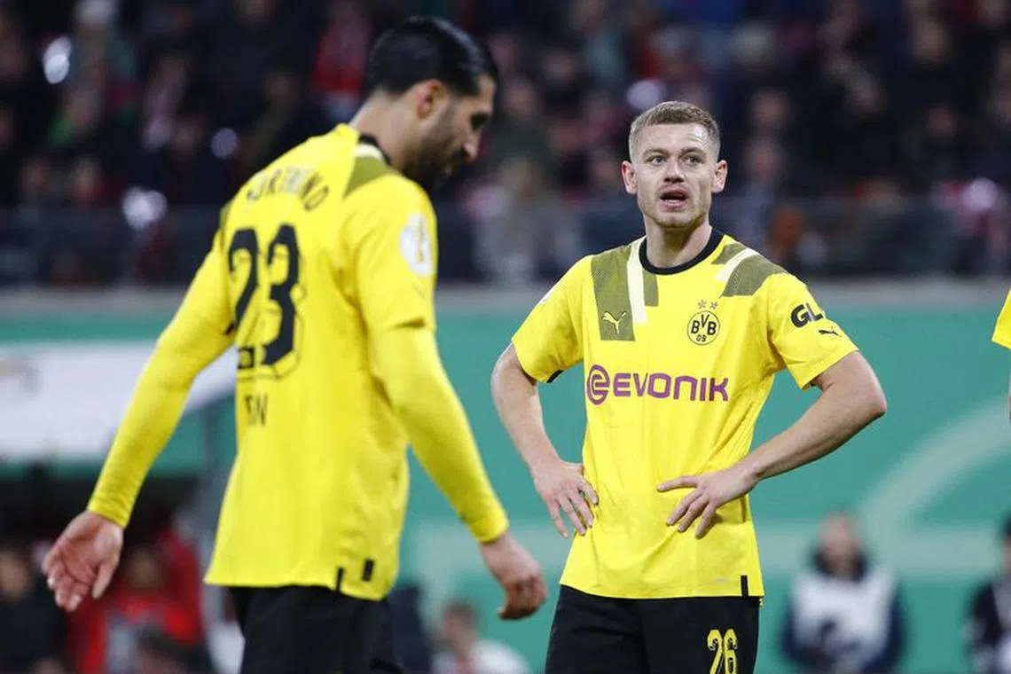 Soccer Football - DFB Cup - Quarter Final - RB Leipzig v Borrusia Dortmund - Red Bull Arena, Leipzig, Germany - April 5, 2023  Borussia Dortmund's Julian Ryerson reacts REUTERS/Karina Hessland DFB REGULATIONS PROHIBIT ANY USE OF PHOTOGRAPHS AS IMAGE SEQUENCES AND/OR QUASI-VIDEO.