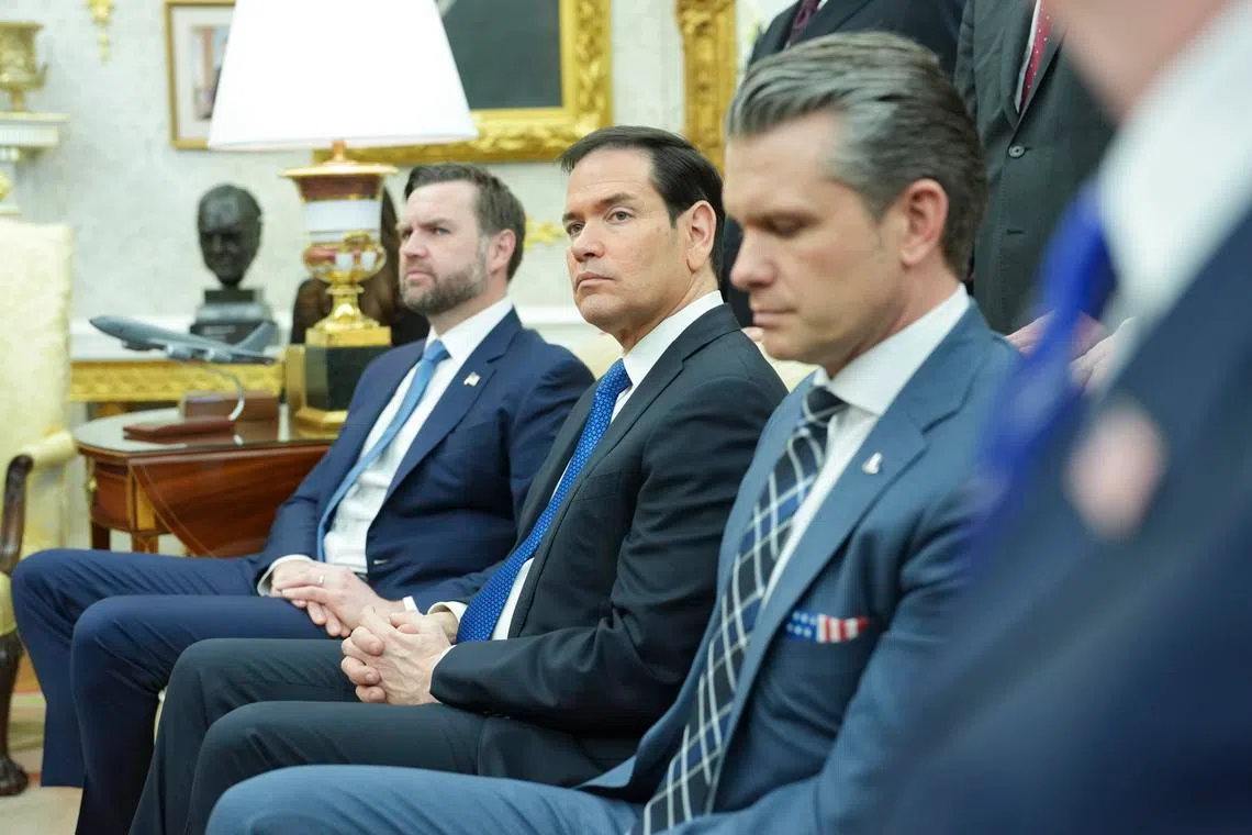 Vice-President J.D. Vance (far left) and Secretary of State Marco Rubio (centre) have expressed differing views on the Iran war.