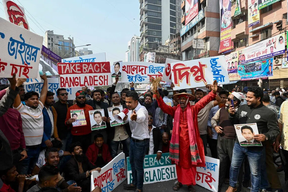 Bangladesh Nationalist Party (BNP) activists shout slogans during an anti-government rally in Dhaka on Jan 11, 2023. 