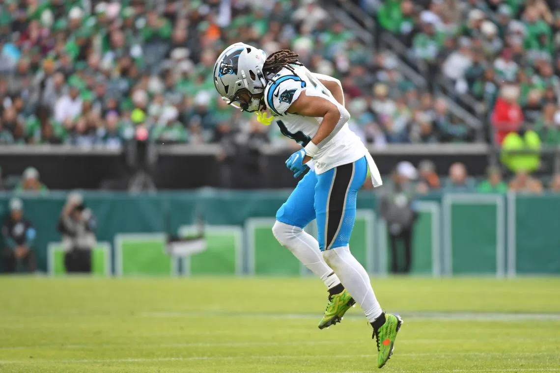 Dec 8, 2024; Philadelphia, Pennsylvania, USA; Carolina Panthers running back Jonathon Brooks (24) tries to get off the field after being injured against the Philadelphia Eagles at Lincoln Financial Field. Eric Hartline-Imagn Images/File Photo