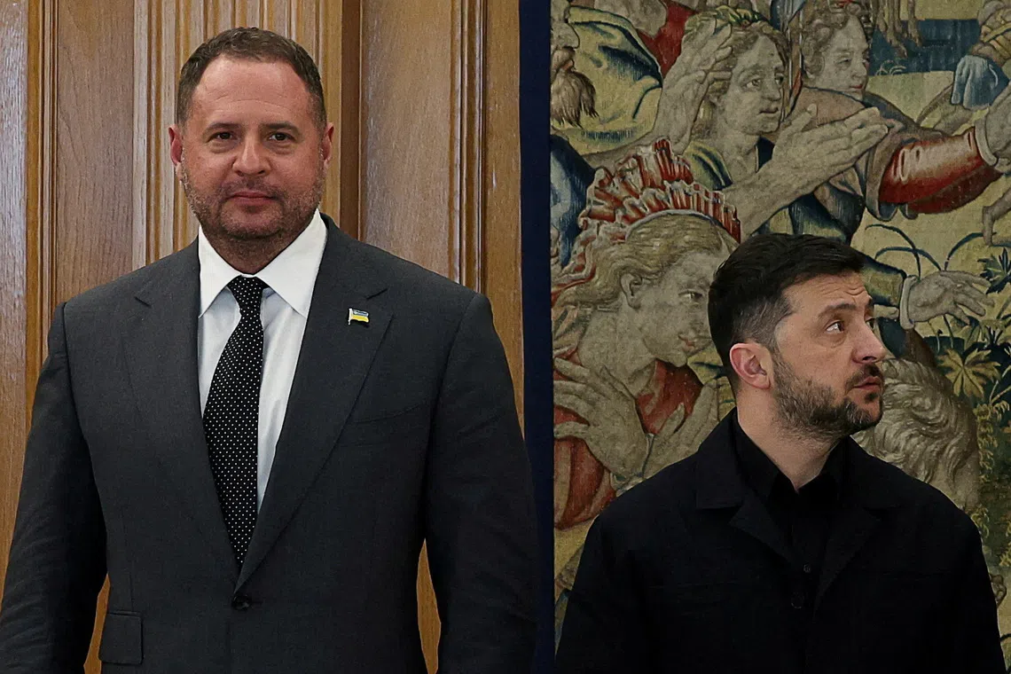 Andriy Yermak (left), a friend of President Volodymyr Zelensky and his trusted right-hand man, is ensnared in an evolving corruption scandal after anti-graft agents searched his property on Nov 28.