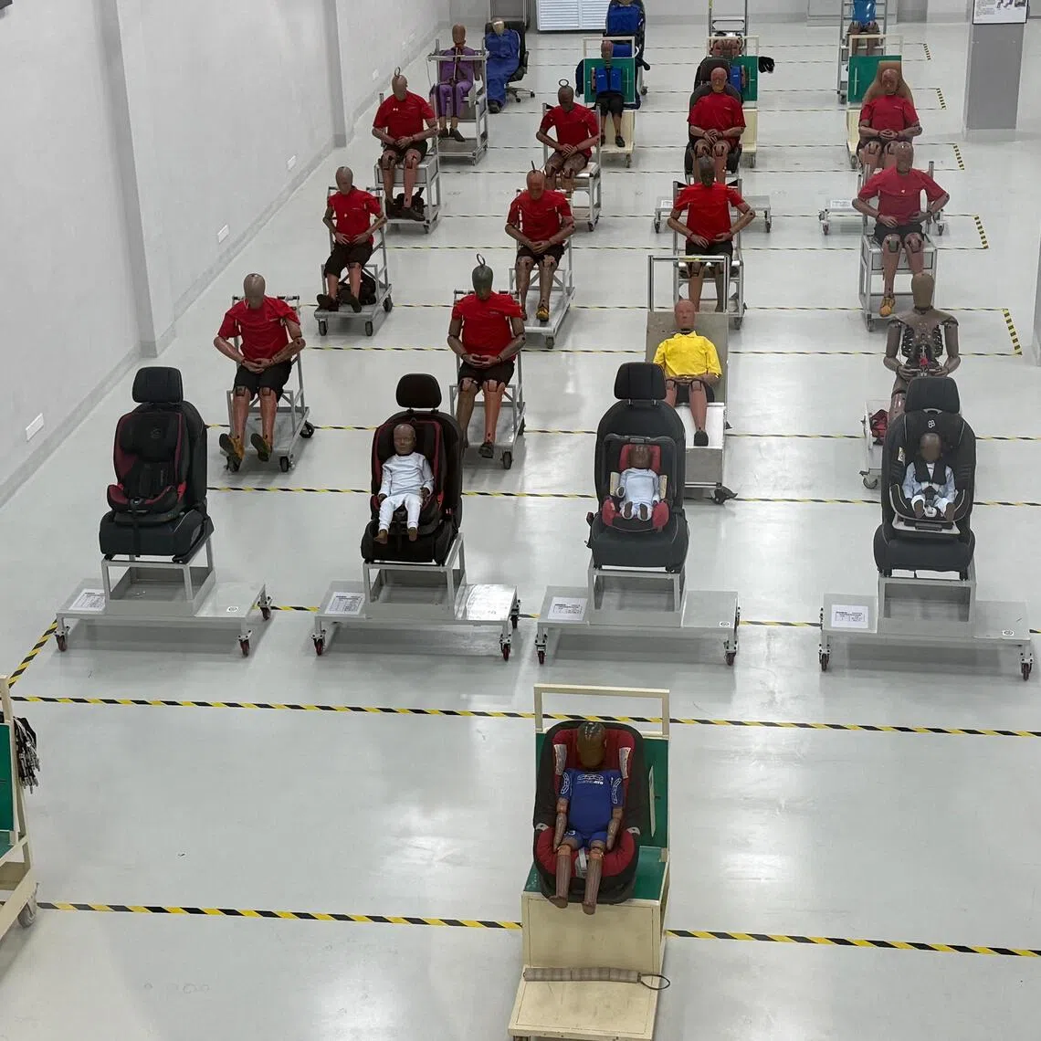 Crash test dummies in storage at Geely's new safety centre in Ningbo, China, in December 2025.