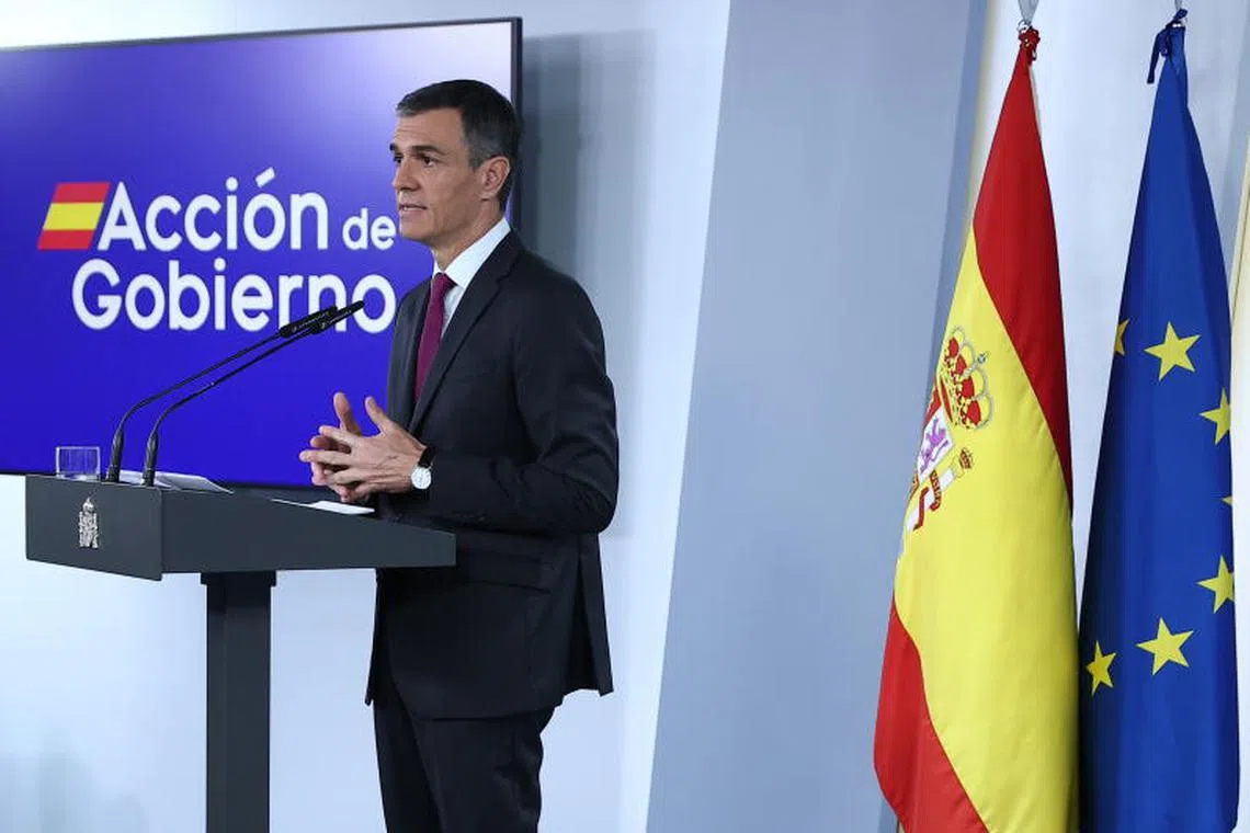 Spanish Prime Minister Pedro Sanchez delivering an institutional declaration at La Moncloa Palace, in Madrid, Spain, on June 22.