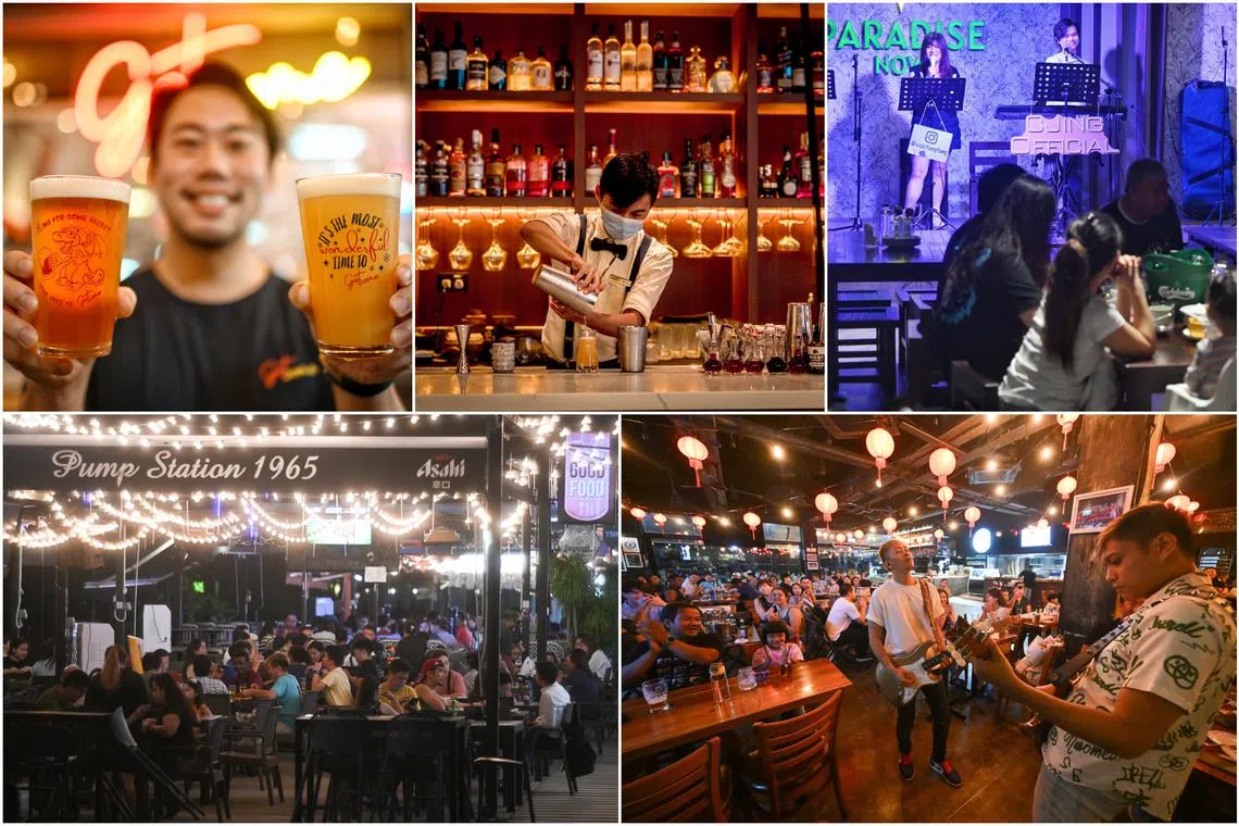 (Clockwise from top left) Clementi West eatery Get Some, O/T Bar at Woodlands Square, Paradise Now in SAFRA Choa Chu Kang, Essen @ Anchorvale, and Punggol East Container Park.