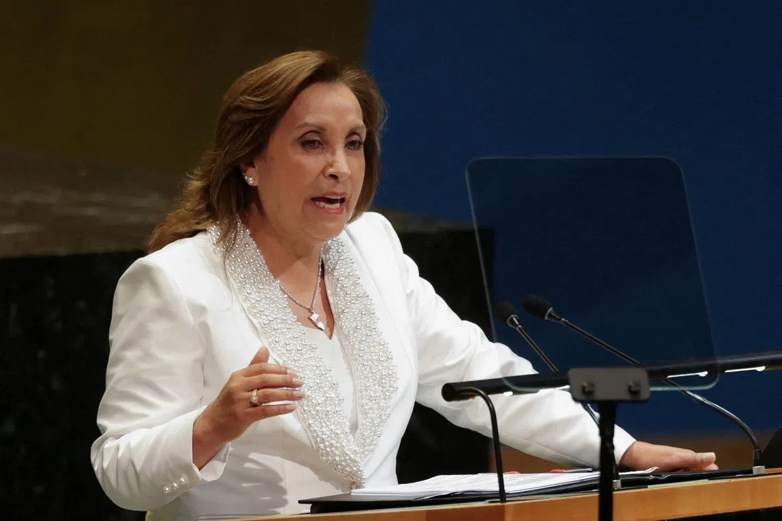 Peru's President Dina Boluarte speaks during the 80th United Nations General Assembly, in New York City, New York, U.S., September 23, 2025. REUTERS/Jeenah Moon