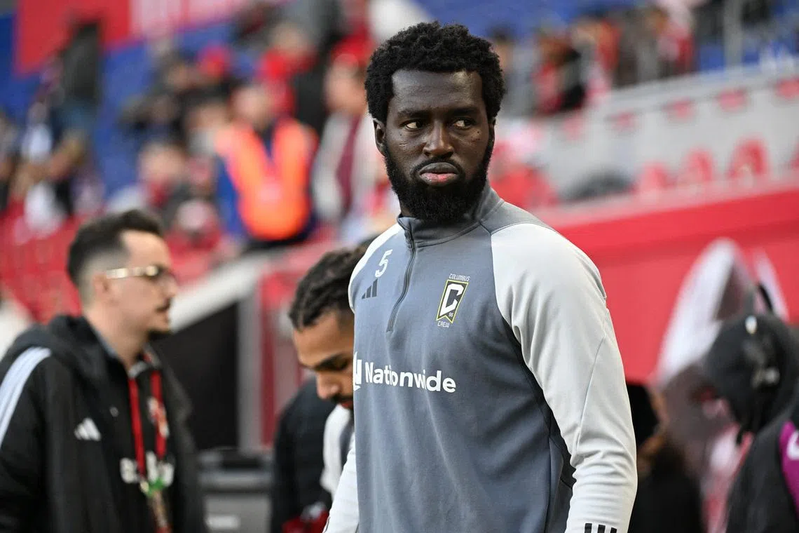 Nov 3, 2024; Harrison, New Jersey, USA; Columbus Crew midfielder Derrick Jones (5) warms up before a game against the New York Red Bulls in a 2024 MLS Cup Playoffs Round One match at Red Bull Arena. Mandatory Credit: Mark Smith-Imagn Images/File Photo