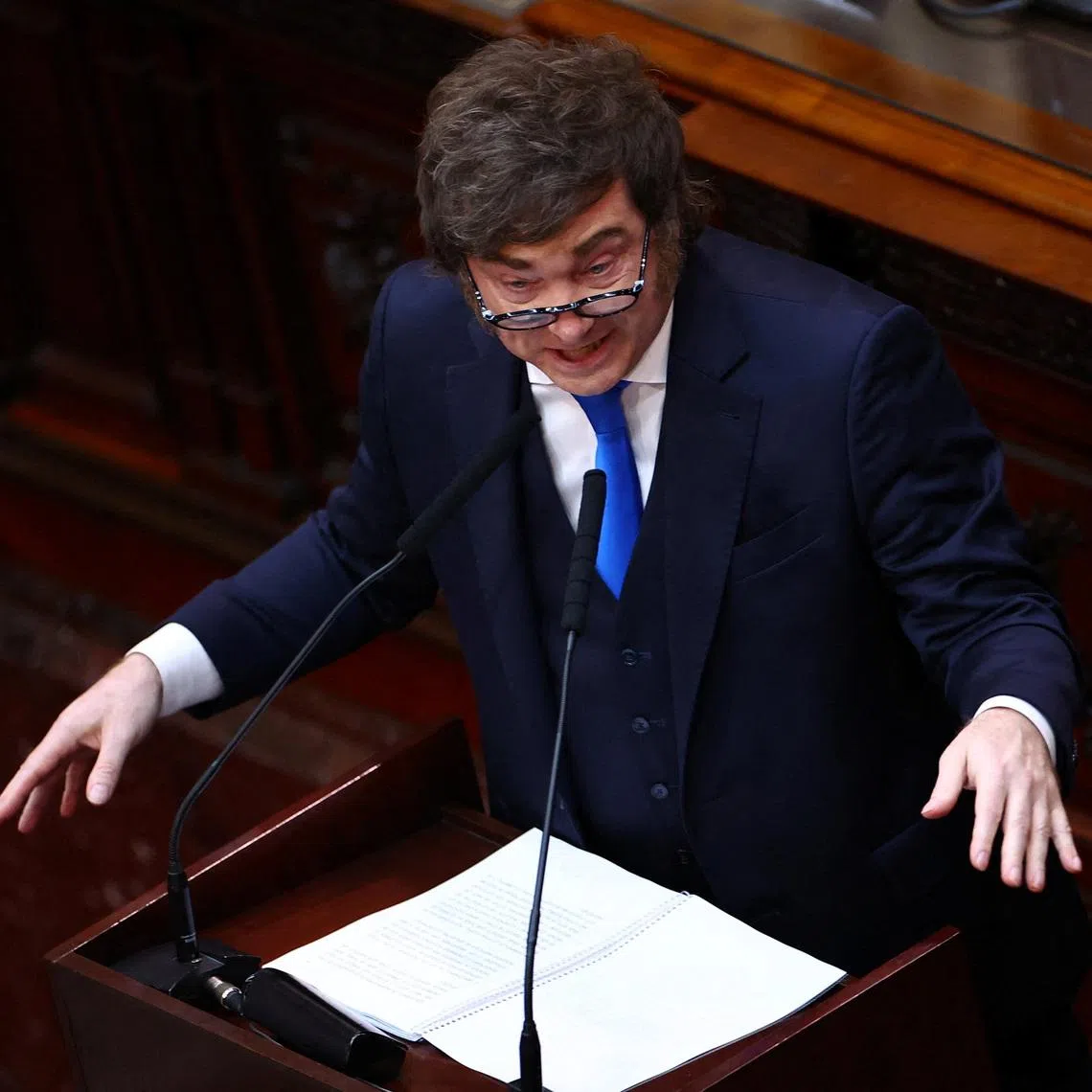Argentina's President Javier Milei speaks during the opening session of the 144th legislative term of Congress at the National Congress building in Buenos Aires, Argentina, March 1, 2026. REUTERS/Agustin Marcarian