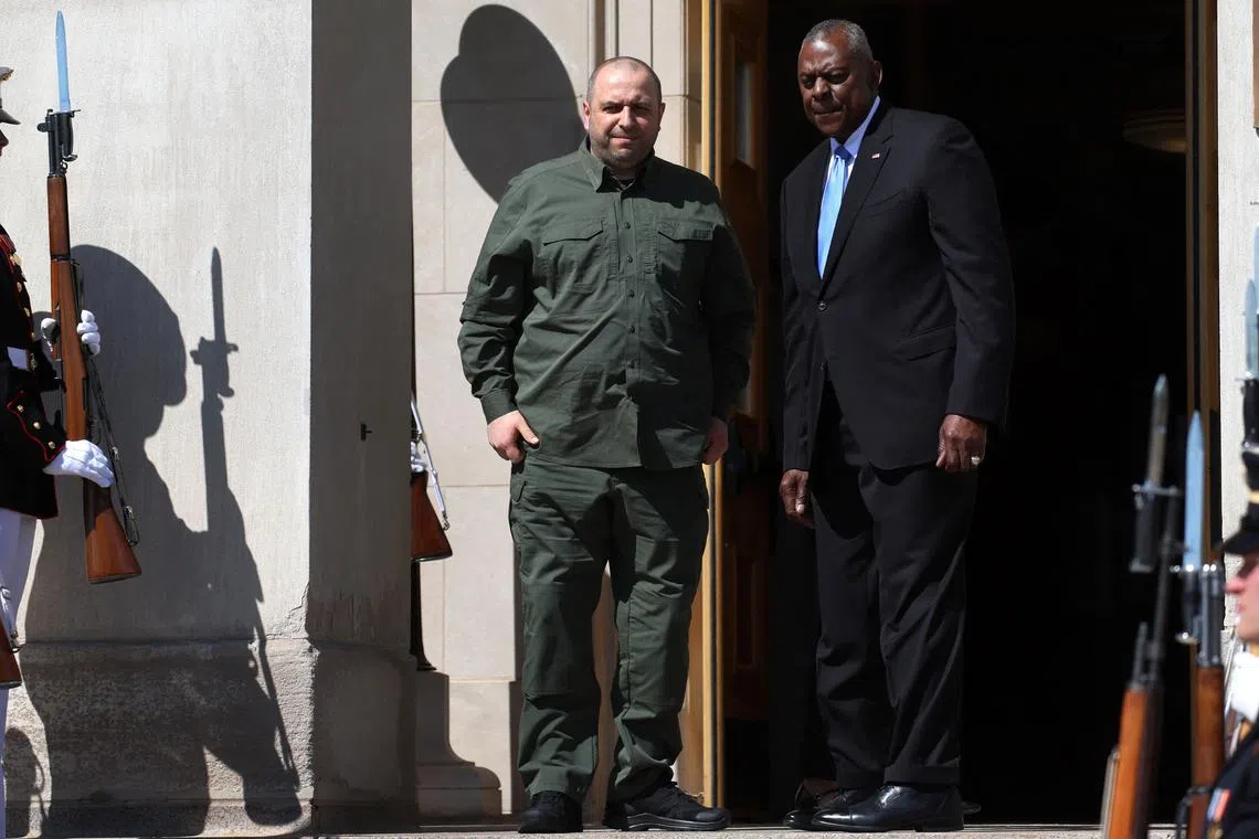 U.S. Defense Secretary Lloyd Austin greets Ukrainian Defense Minister Rustem Umerov ahead of a meeting at the Pentagon in Washington, U.S., July 2, 2024. REUTERS/Leah Millis