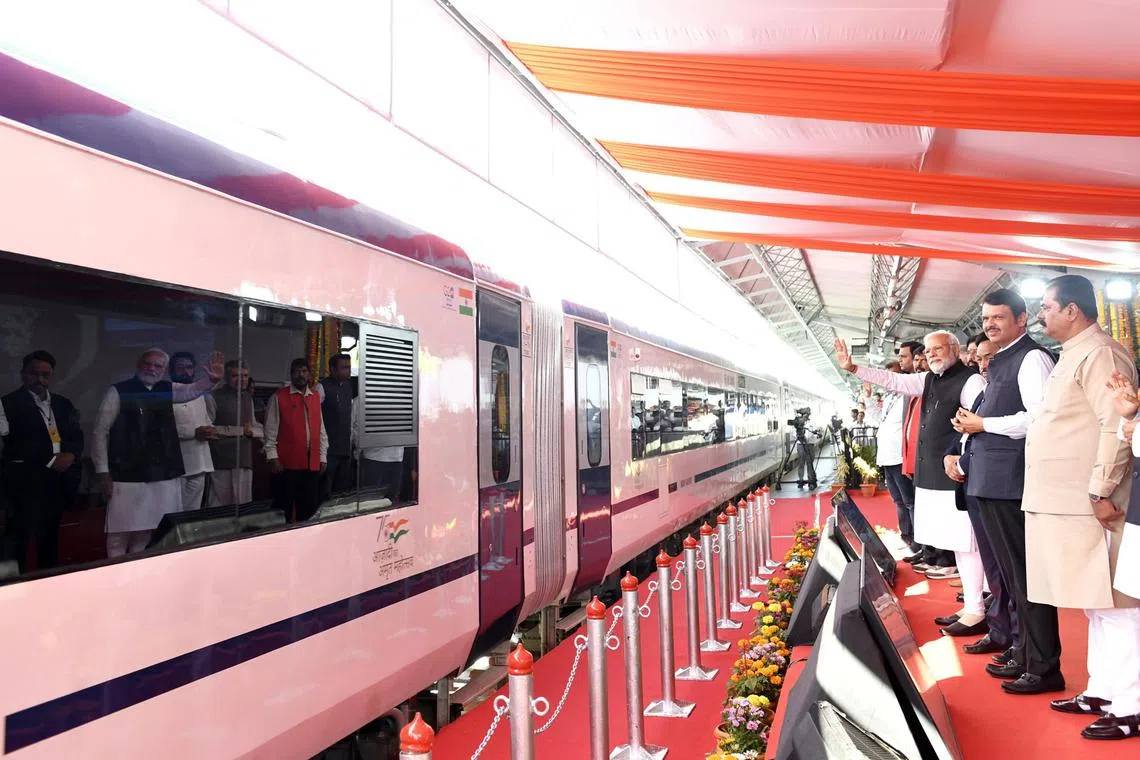 India PM Narendra Modi at the launch of a Vande Bharat Express at Chhatrapati Shivaji Maharaj Terminus in Mumbai on Feb 10, 2023.
