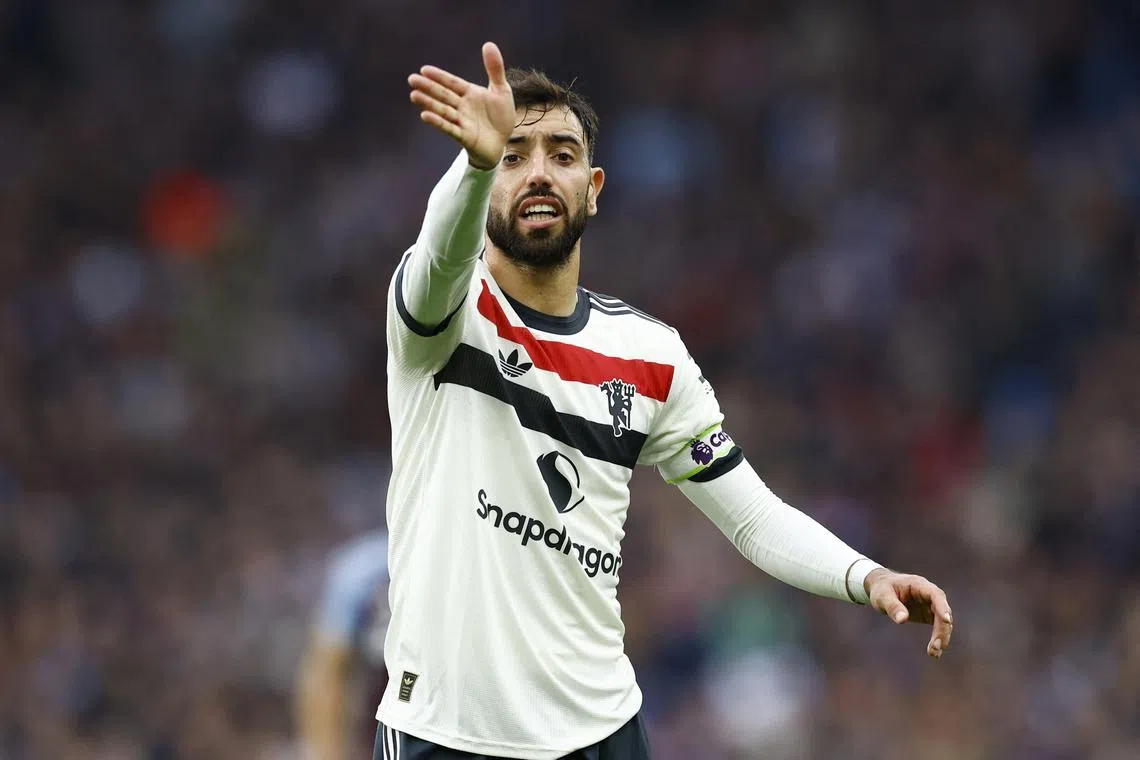 Soccer Football - Premier League - Aston Villa v Manchester United - Villa Park, Birmingham, Britain - October 6, 2024  Manchester United's Bruno Fernandes reacts Action Images via Reuters/Peter Cziborra/File Photo