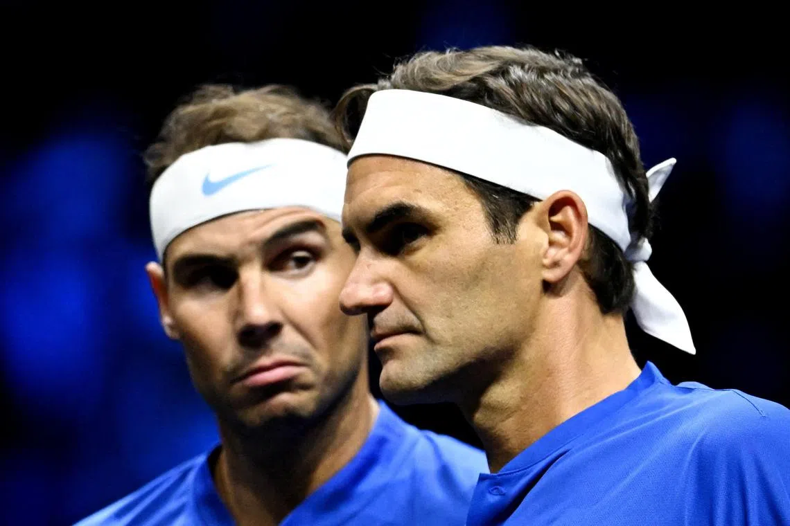 Team Europe's Roger Federer (right) and Rafael Nadal during a Laver Cup doubles match in September.