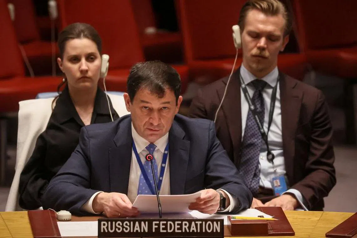Russia's Deputy Ambassador to the U.N. Dmitry Polyanskiy addresses the U.N. Security Council meeting on the situation in Ukraine at U.N. headquarters in New York City, U.S., July 17, 2023. REUTERS/Brendan McDermid/File photo