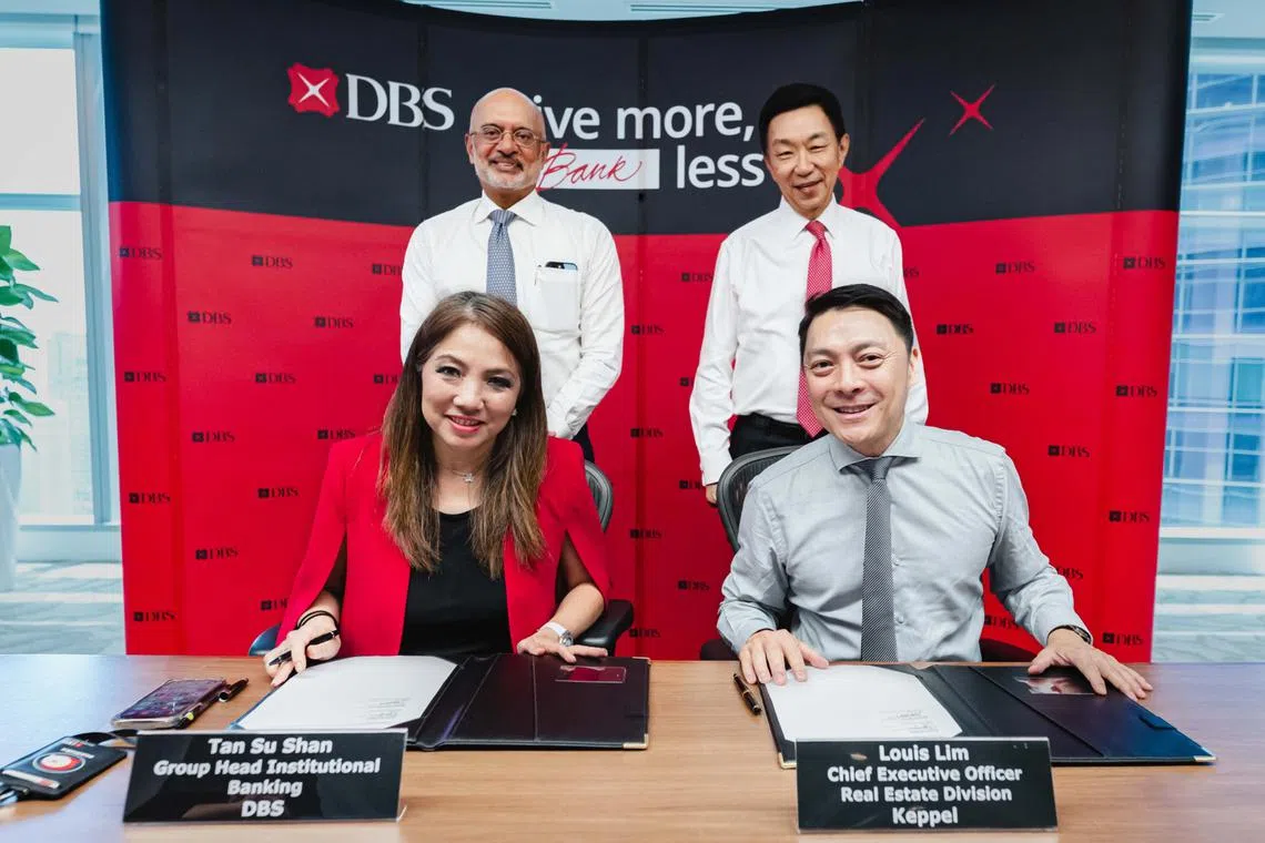 At the MOU signing were (clockwise from top left) DBS CEO Piyush Gupta, Keppel CEO Loh Chin Hua, CEO of Keppel real estate division Louis Lim and group DBS institutional banking Tan Su Shan.