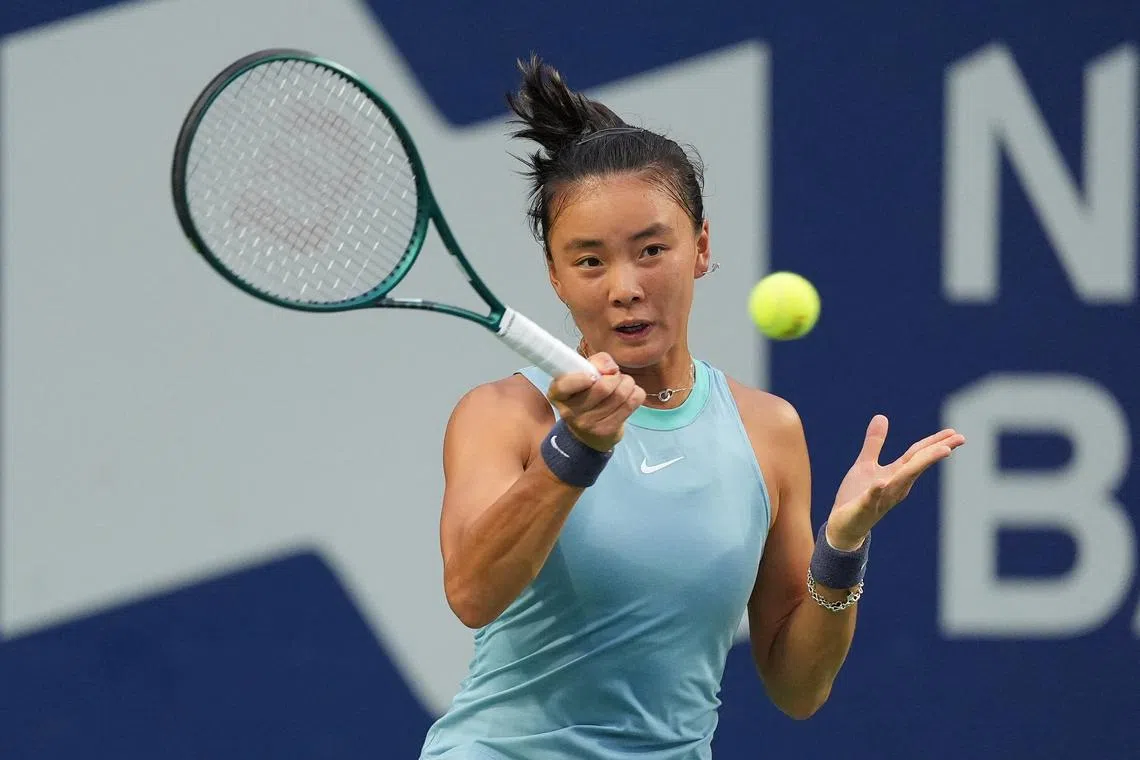 FILE PHOTO: Aug 7, 2024; Toronto, Ontario, Canada; Yue Yuan (CHN) hits a ball to Aryna Sabalenka (not pictured) during second round play at Sobeys Stadium. Mandatory Credit: John E. Sokolowski-USA TODAY Sports/File Photo