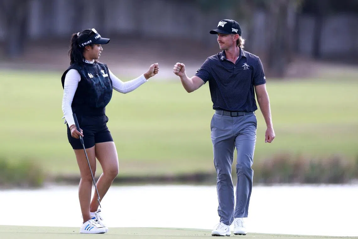Patty Tavatanakit of Thailand and American Jake Knapp reacting to a putt on the fourth green during the final round of the Grant Thornton Invitational 2024 at Tiburon Golf Club on Dec 15.
