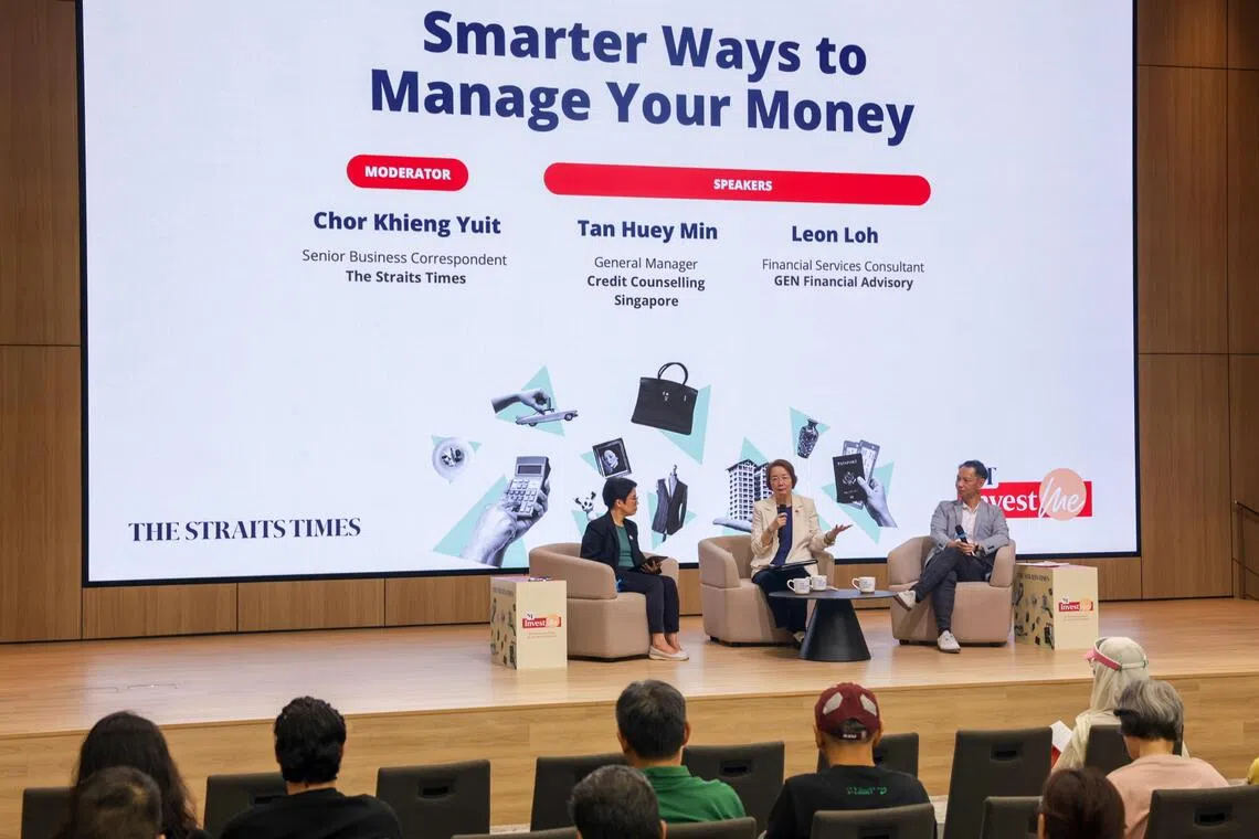 (Left to right) Straits Times senior correspondent Chor Khieng Yuit, alongside Tan Huey Min, general manager of Credit Counselling Singapore, and Leon Loh, financial services consultant at Gen Financial Advisory, at the Straits Times InvestMe session on Sept 17.