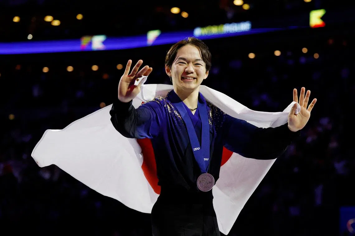 Figure Skating - ISU Figure Skating World Championships - O2 arena, Prague, Czech Republic - March 28, 2026 Silver medallist Japan's Yuma Kagiyama celebrates during the Men's Free Skating medal ceremony REUTERS/David W Cerny