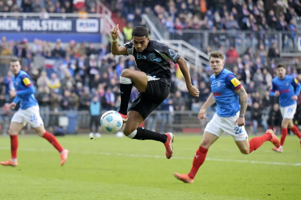 FILE PHOTO: Soccer Football - Bundesliga - Holstein Kiel v Bayer Leverkusen - Holstein-Stadion, Kiel, Germany - February 22, 2025 Bayer Leverkusen's Amine Adli in action REUTERS/Fabian Bimmer/File Photo