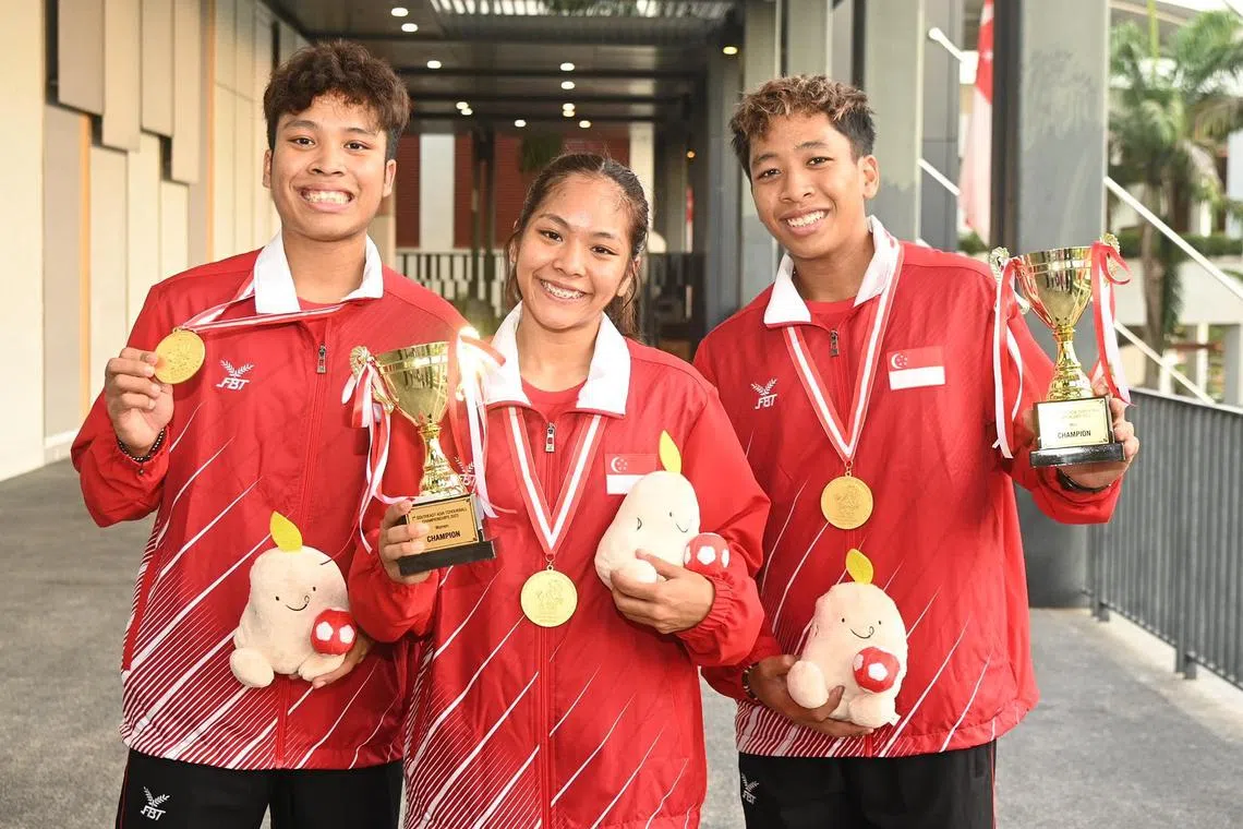 (From left) Fiqqo, Ning and Rykal played a vital role in leading Singapore to their sixth men's and women's SEA tchoukball crown