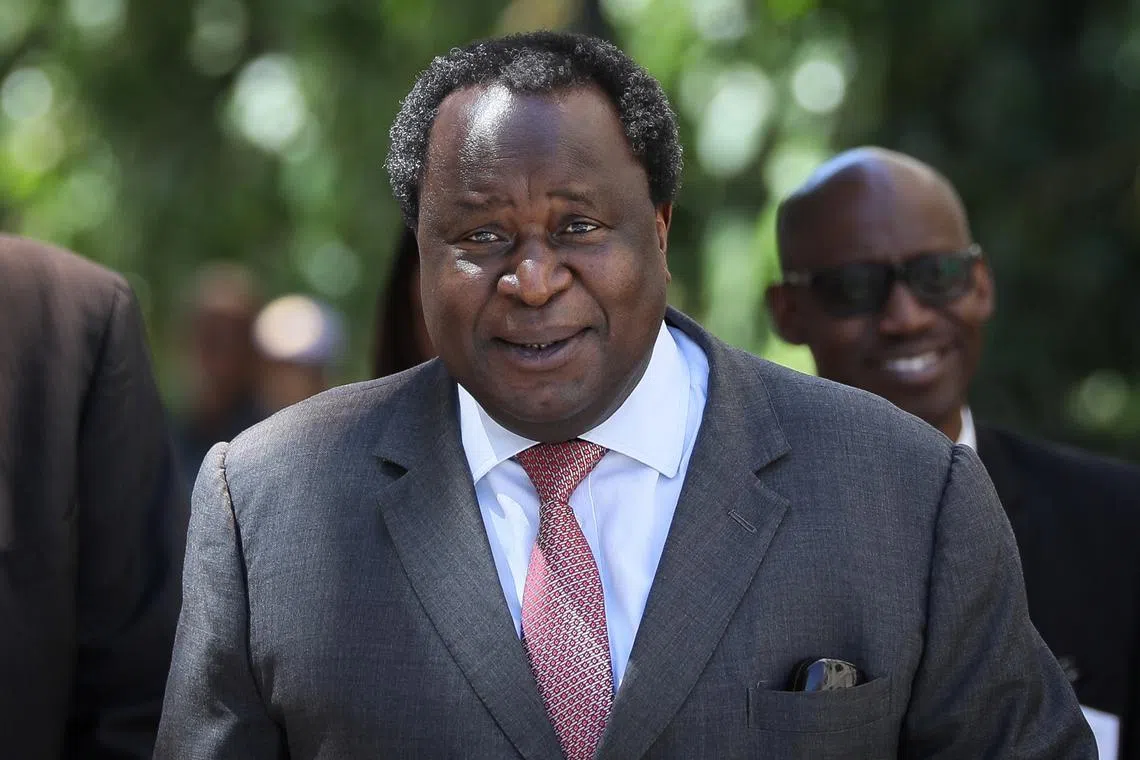 FILE PHOTO: South African Finance Minister Tito Mboweni reacts as he arrives to deliver his budget speech at the parliament in Cape Town, South Africa, February 26, 2020. Reuters/Sumaya Hisham/File Photo