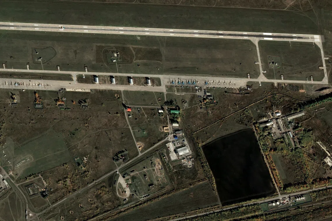 A satellite image shows aircrafts parked at an airfield in Borisoglebsk, Voronezh Region, Russia, October 11, 2026. Pleiades © CNES 2026, Distribution Airbus DS/Handout via REUTERS