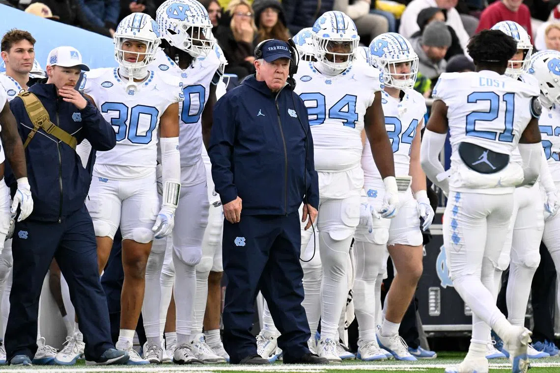 Nov 23, 2024; Chestnut Hill, Massachusetts, USA; North Carolina Tar Heels head coach Mack Brown watches from the sideline during the second half against the Boston College Eagles at Alumni Stadium. Mandatory Credit: Eric Canha-Imagn Images/ File Photo