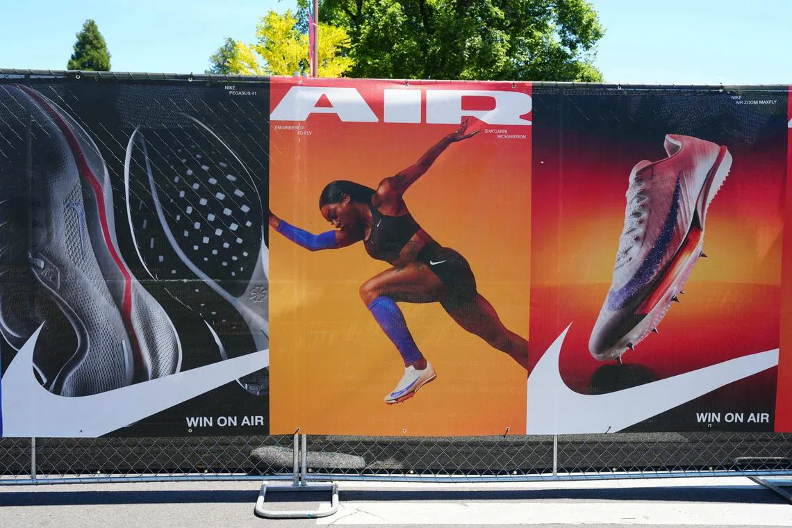 Jun 20, 2024; Eugene, OR, USA; A Nike advertisement featuring image of Sha'Carri Richardson at the US Olympic Team Trials at Hayward Field. Mandatory Credit: Kirby Lee-USA TODAY Sports