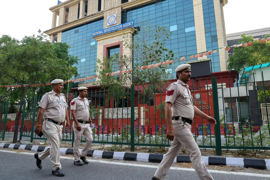 Indian security personnel patrolling on April 10 outside the National Investigation Agency headquarters in New Delhi, where Mumbai attacks suspect Tahawwur Rana is expected to be brought.