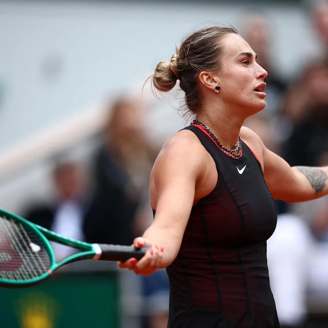 Tennis - French Open - Roland Garros, Paris, France - June 3, 2026 Belarus' Aryna Sabalenka reacts during her quarter final match against Russia's Diana Shnaider REUTERS/Guglielmo Mangiapane