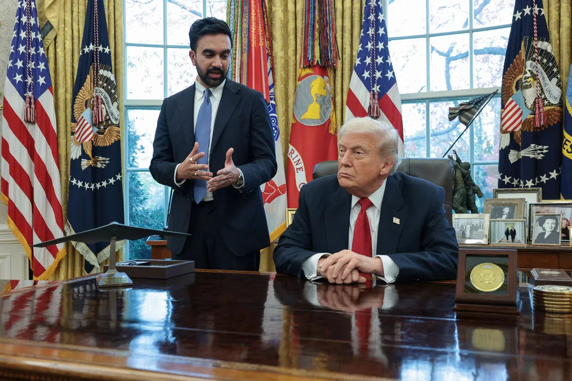 US President Donald Trump meets with New York City Mayor-elect Zohran Mamdani at the White House on Nov 21.