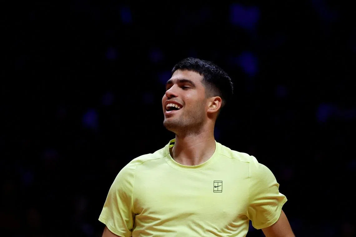 FILE PHOTO: Tennis - Hyundai Card Super Match - Carlos Alcaraz v Jannik Sinner - Inspire Arena, Incheon, South Korea - January 10, 2026 Spain's Carlos Alcaraz reacts during his Hyundai Card Super Match against Italy's Jannik Sinner REUTERS/Kim Soo-Hyeon/File Photo