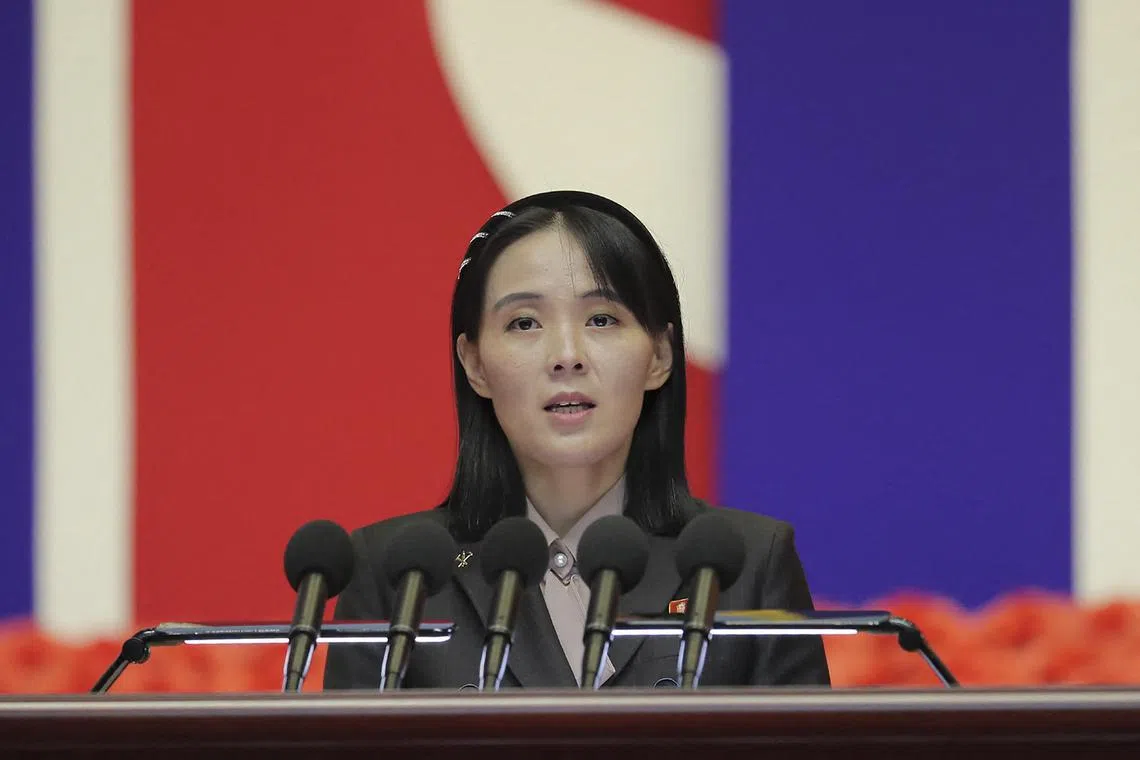 (FILES) This picture taken on August 10, 2022 and released from North Korea's official Korean Central News Agency (KCNA) on August 14, 2022 shows Kim Yo Jong, the sister of North Korea's leader Kim Jong Un, speaking at the National Emergency Prevention General Meeting in Pyongyang. North Korean leader Kim Jong Un's powerful sister said on March 26, 2024 Pyongyang would reject "any contact or negotiations" with Japan, just a day after she said Tokyo's Prime Minister Fumio Kishida had requested a summit with her brother. (Photo by KCNA VIA KNS / AFP) / South Korea OUT / REPUBLIC OF KOREA OUT
---EDITORS NOTE--- RESTRICTED TO EDITORIAL USE - MANDATORY CREDIT "AFP PHOTO/KCNA VIA KNS" - NO MARKETING NO ADVERTISING CAMPAIGNS - DISTRIBUTED AS A SERVICE TO CLIENTS - THIS PICTURE WAS MADE AVAILABLE BY A THIRD PARTY. AFP CAN NOT INDEPENDENTLY VERIFY THE AUTHENTICITY, LOCATION, DATE AND CONTENT OF THIS IMAGE --- / 