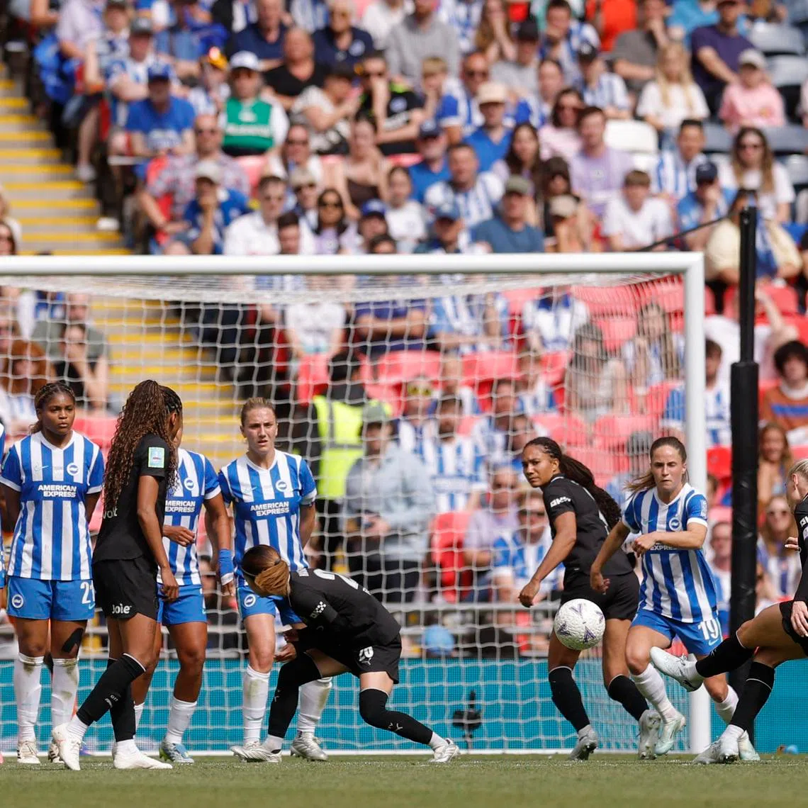 Soccer Football - Women's FA Cup - Final - Brighton & Hove Albion v Manchester City - Wembley Stadium, London, Britain - May 31, 2026 Manchester City's Alex Greenwood scores their second goal from a free-kick Action Images via Reuters/Andrew Couldridge