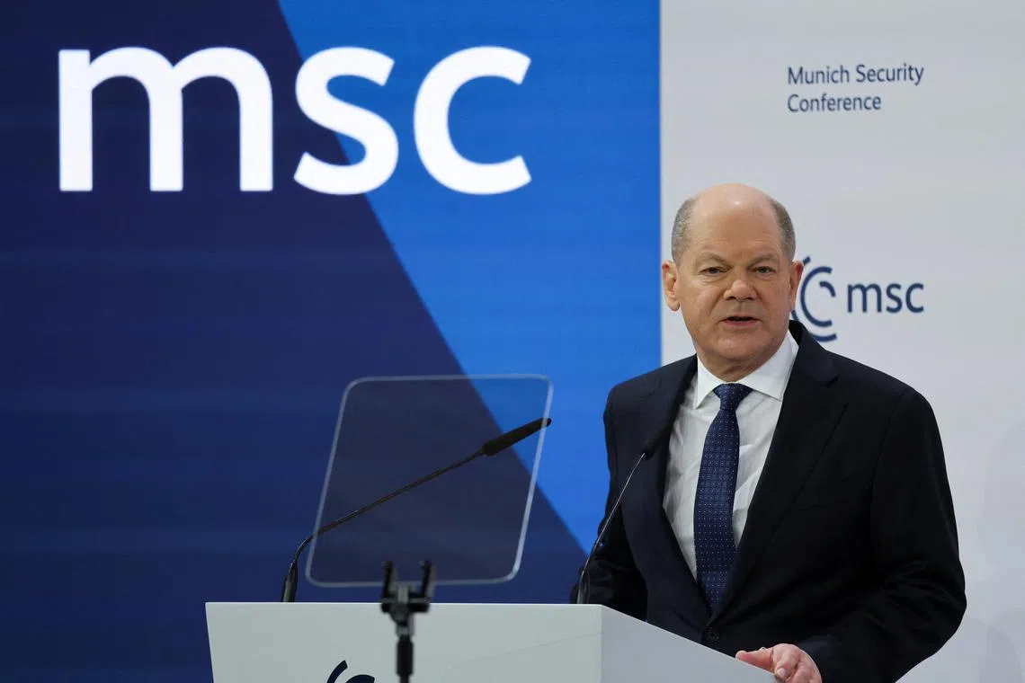 German Chancellor Olaf Scholz speaks during the Munich Security Conference (MSC) in Munich, Germany, February 15, 2025. REUTERS/Wolfgang Rattay