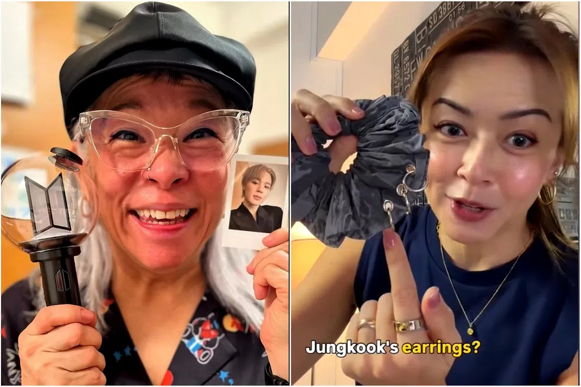 (From left) Singaporean actress Pam Oei with a BTS light stick and a photo of BTS member Jimin, and Melody Chen unboxing BTS merchandise.