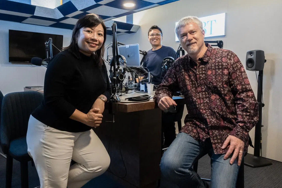 (From left to right) Ms Cherine Fok, a partner at KPMG Singapore’s environmental, social and governance team, Hadyu Rahim, Podcast Producer and David Fogarty, ST's climate editor in the podcast studio. 
