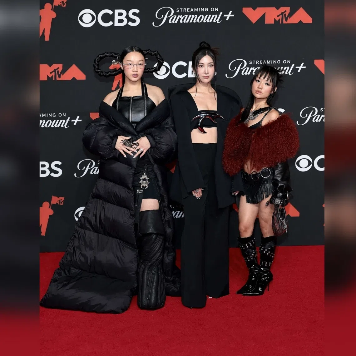 (From left) Audrey Nuna, Ejae an Rei Ami - who provide the singing voices of Huntrix from KPop Demon Hunters - attend the 2025 MTV Video Music Awards in New York on Sept 7. 