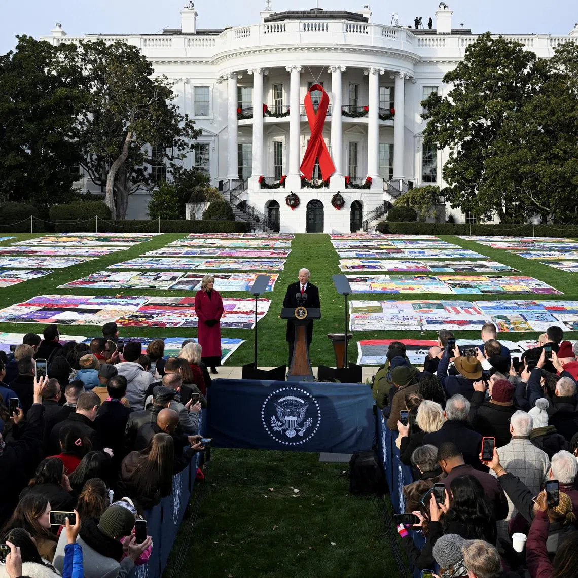 President Joe Biden marks World Aids Day with the Aids Memorial Quilt on display for the first time on the South Lawn of the White House on Dec 1.