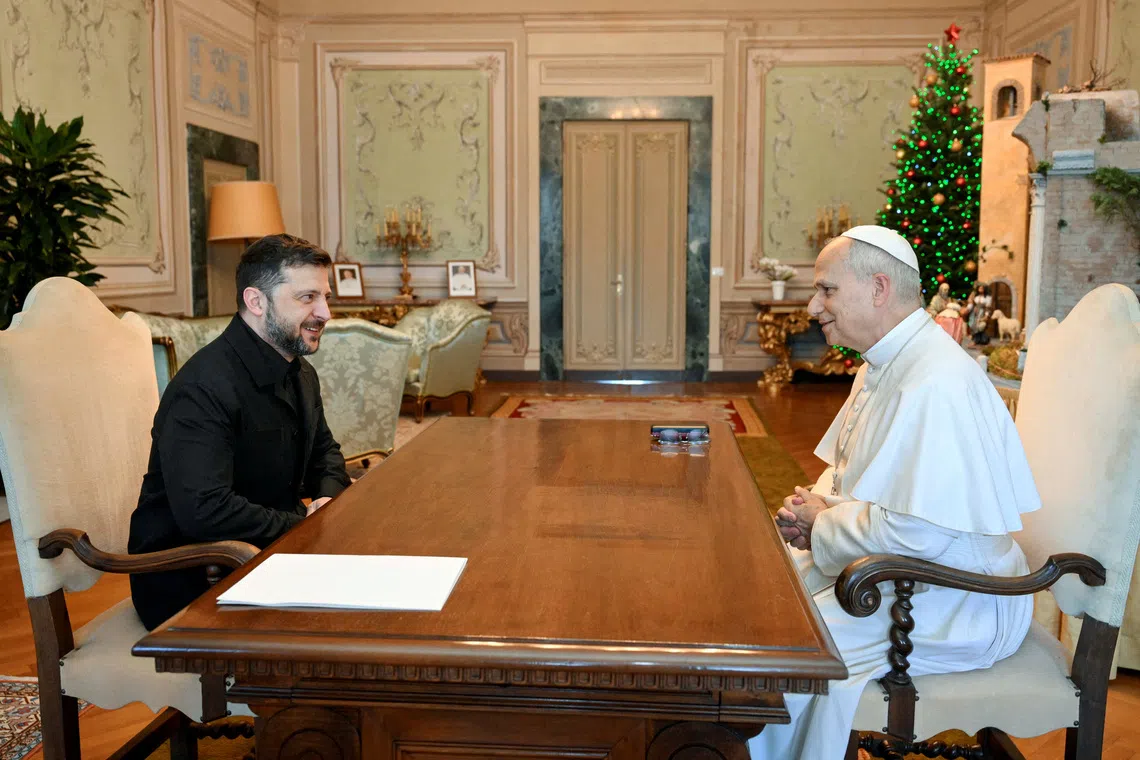 Pope Leo XIV meets Ukraine's President Volodymyr Zelensky at Villa Barberini in Castel Gandolfo, Italy, on Dec 9.