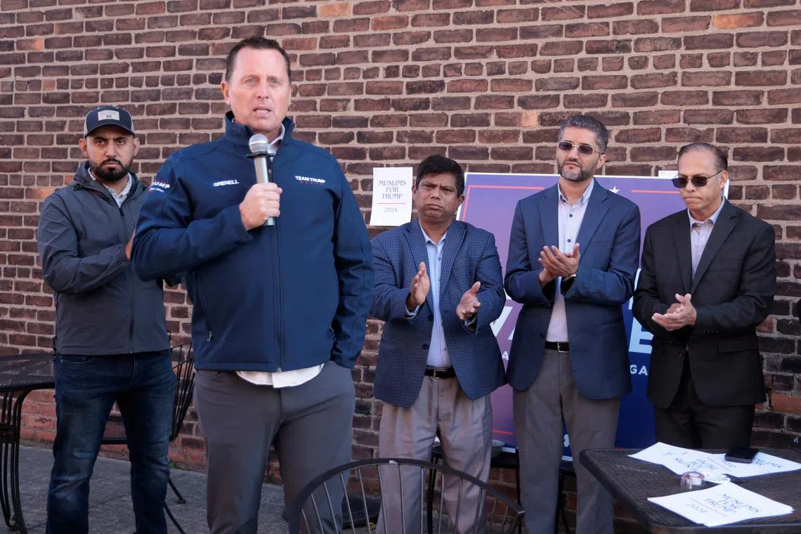 Richard Grenell, a top advisor to former U.S. President Donald Trump and former Acting Director of National Intelligence, speaks to the attendees of a Muslims and Bangladeshi Americans for Trump  outreach event in Hamtramck, Michigan, U.S. November 2, 2024.  REUTERS/Rebecca Cook/File Photo