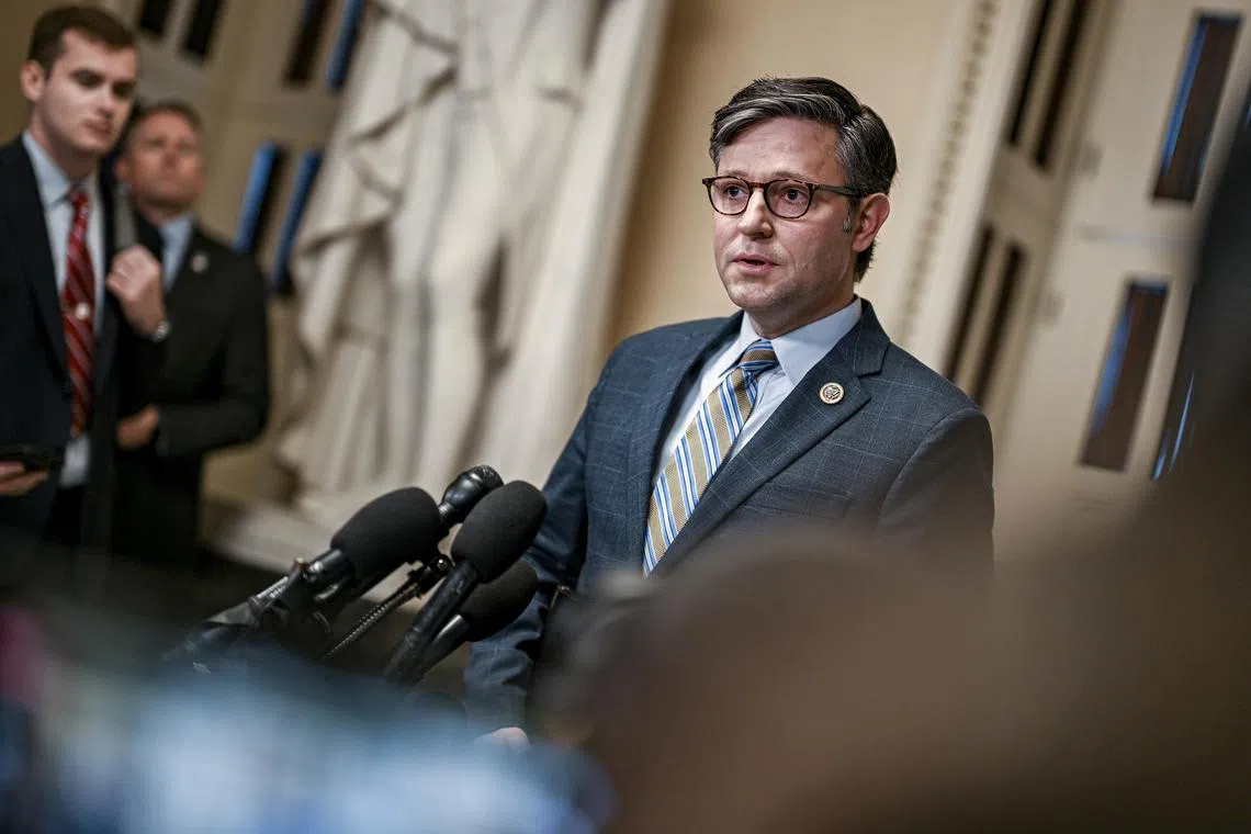 House Speaker Mike Johnson (R-La.) speaks to reporters at the Capitol in Washington, Thursday, Oct. 26, 2023. (Kenny Holston/The New York Times)