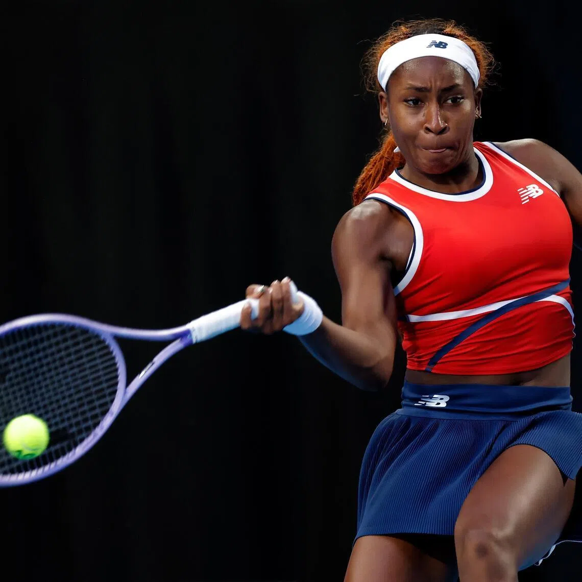 Coco Gauff of the US in action during the quarter-final mixed doubles match against Maria Sakkari and Stefanos Tsitsipas of Greece at the United Cup tennis tournament at the RAC Arena in Perth on Jan 7, 2026. She and Christian Harrison prevailed 4-6, 6-4, 10-8.