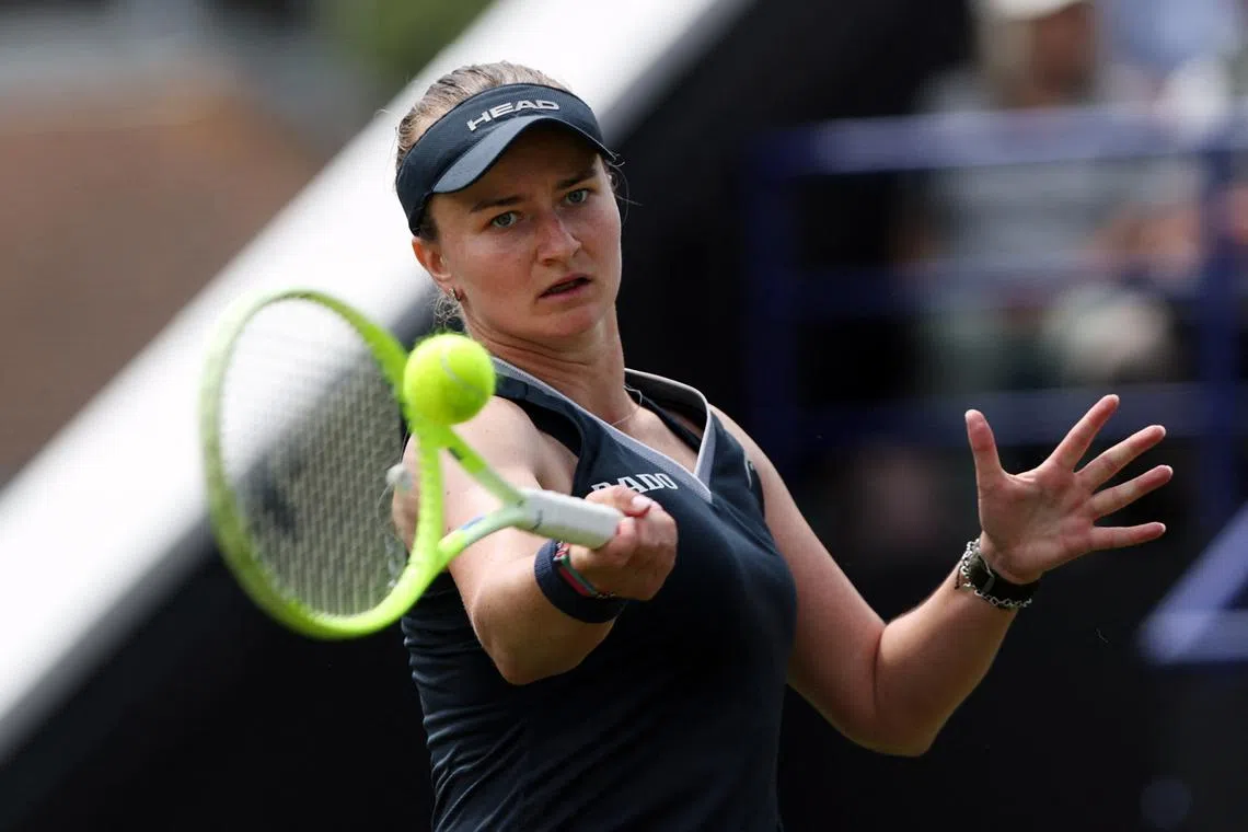 FILE PHOTO: Tennis - Eastbourne Open - Devonshire Park Lawn Tennis Club, Eastbourne, Britain - June 25, 2025 Czech Republic's Barbora Krejcikova in action during her round of 16 match against Britain's Jodie Burrage Action Images via Reuters/Paul Childs/File Photo