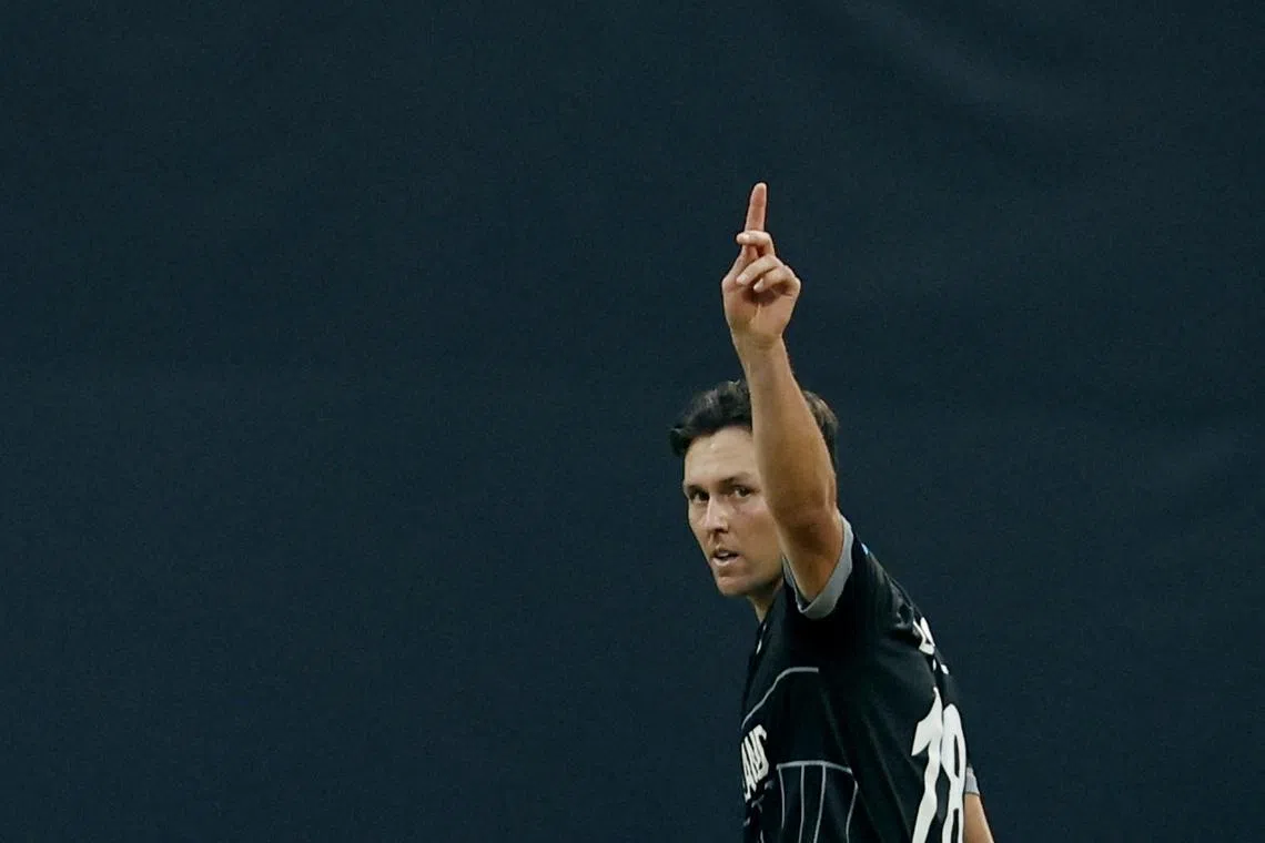 FILE PHOTO: Cricket - ICC Cricket World Cup 2023 - Semi-Final - India v New Zealand - Wankhede Stadium, Mumbai, India - November 15, 2023 New Zealand's Trent Boult celebrates after taking the wicket of India's Shreyas Iyer, caught out by Daryl Mitchell REUTERS/Francis Mascarenhas/File photo