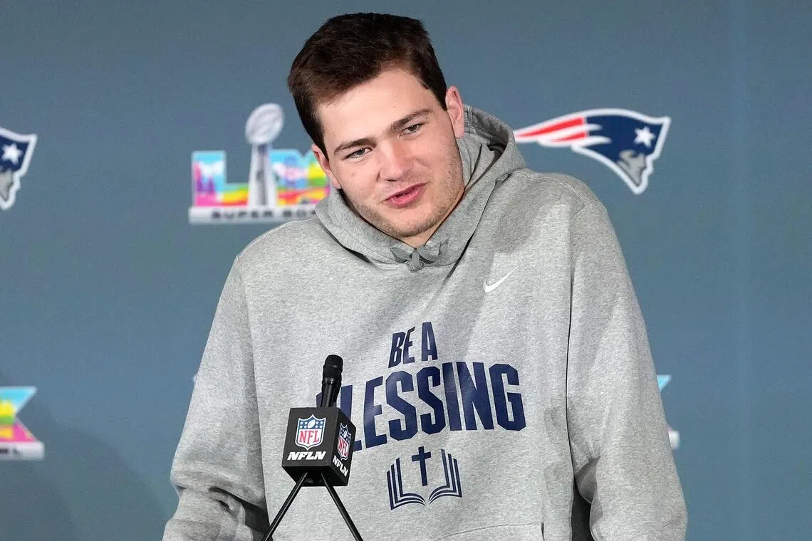 New England Patriots' 23-year-old quarterback Drake Maye addressing the media at the Santa Clara Marriott in the US on Feb 5.