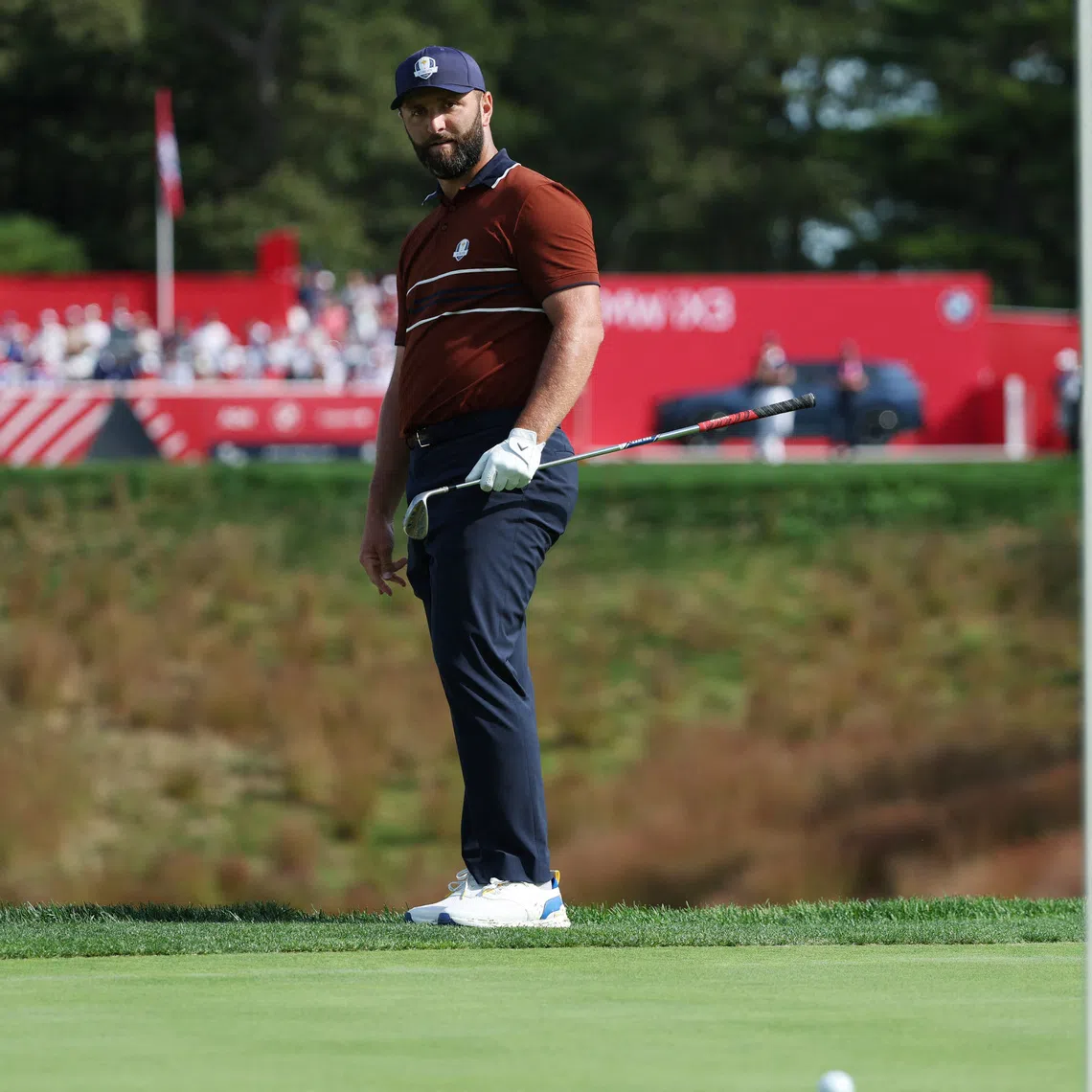 Golf - The 2025 Ryder Cup - Bethpage Black Golf Course, Farmingdale, New York, United States - September 27, 2025 Team Europe's Jon Rahm reacts on the 14th hole during the foursomes REUTERS/Brendan Mcdermid