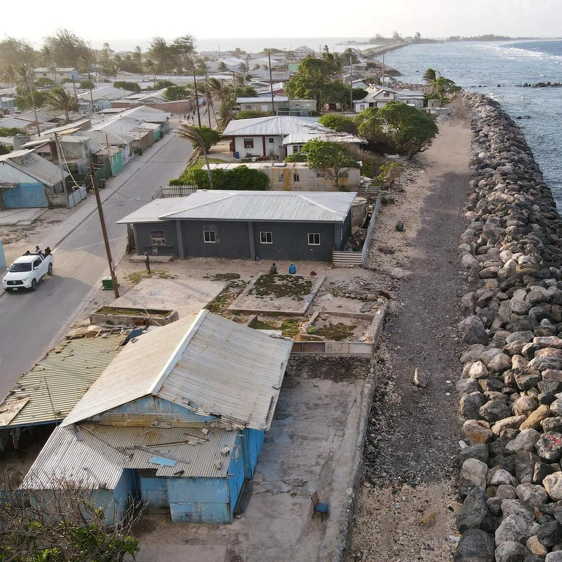A drone view of a seawall under construction, funded by the World Bank and Green Climate Fund, along the coast of Ebeye, Marshall Islands, June 13, 2025. PHOTO: REUTERS