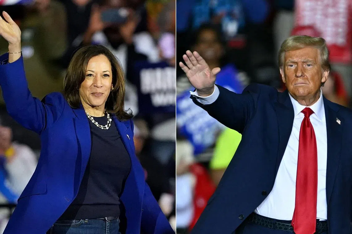 Kamala Harris and Donald Trump greets the audience after speaking at a campaign rally at the PPL Center in Allentown, Pennsylvania, on Oct 29.